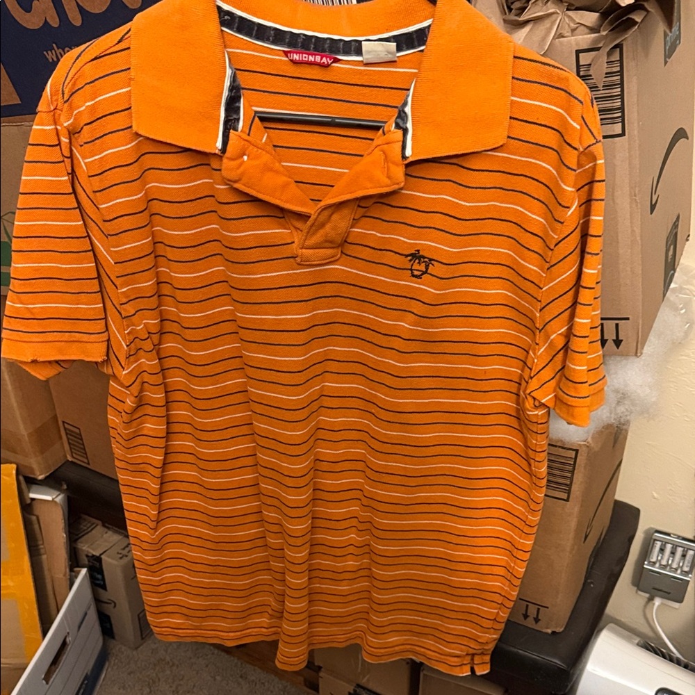 UNIONBAY Orange Polo with Black and White Stripes